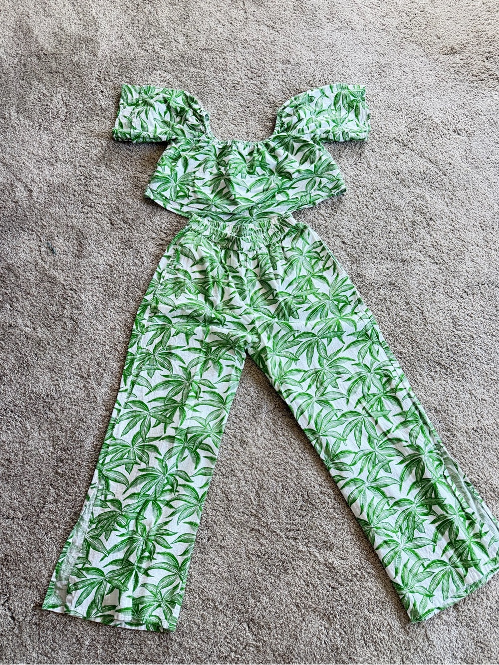 Green Leaf Print Wide-Leg Pants Set - Tropical Two-Piece